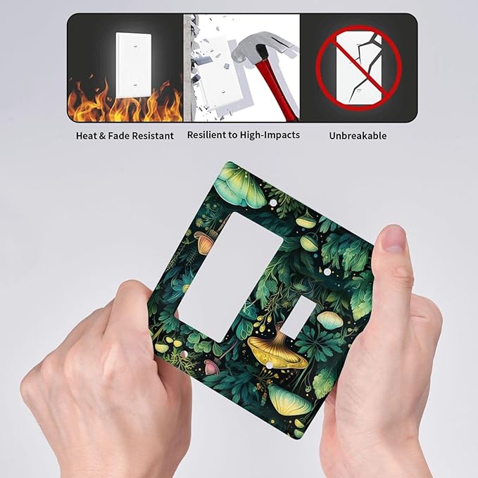 Green Dark Forest Mystical Mushroom 2 Gang Single Toggle Rocker Combination Light Switch Covers Wall Plate Cover Electrical Faceplate Decorative Switchplate for Country Bathroom Bedroom Decor