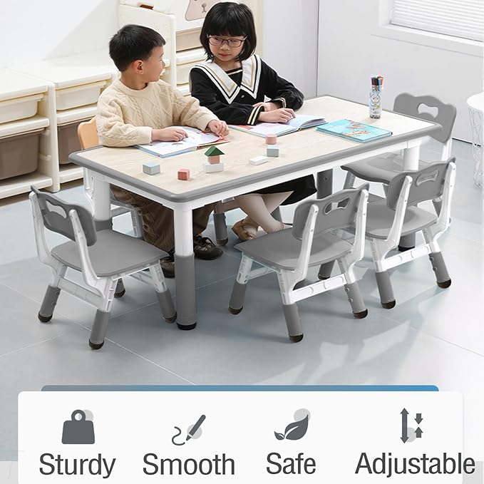 Kids Table and 6 Chair Set - Height Adjustable, Multifunctional Desk, Ergonomically Designed Chairs, Max 300lbs, for Ages 2-10, Classroom, Daycares, Home