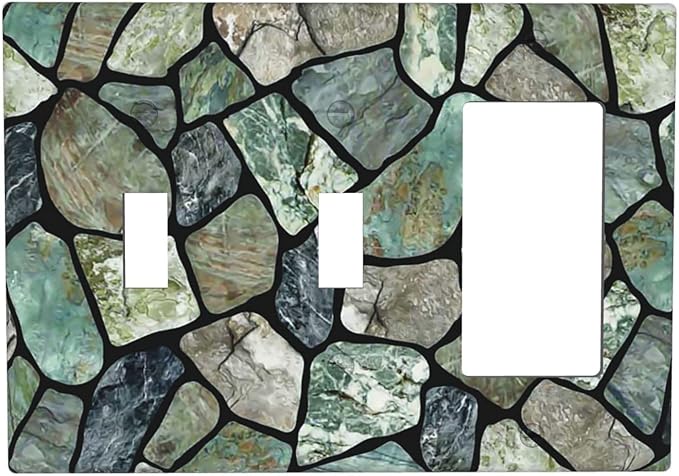 Green Stone Texture Combo 2 Toggle 1 Rocker Light Switch Wall Plate Cover Decorative 3-Gang for Electrical Outlets Room Bathroom Bedroom Home Kitchen One Decora Receptacle 4.5" x 6.38"