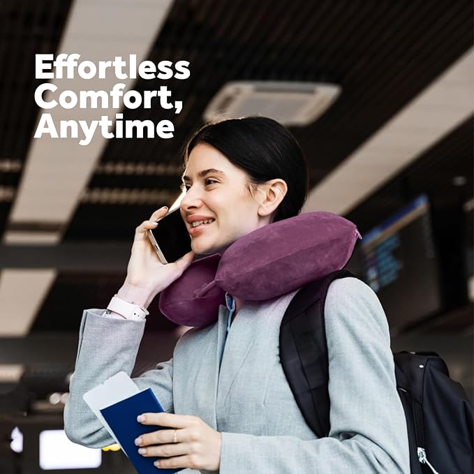 Pursonic Memory Foam Neck Pillow with Eye Mask - Ergonomic Travel Pillow, Breathable Fabric, Compact & Portable, Available in Purple, Teal, Grey (Purple)