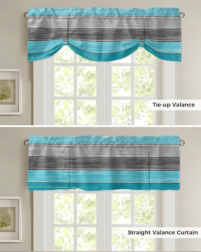 Farmhouse Blackout Tie Up Valance Curtains for Kitchen Windows, Aqua Blue Gray Window Toppers Balloon Shades for Living Room/Bathroom/Bedroom,1 Panel,42" X 12" Retro Rustic Barn Wood Texture