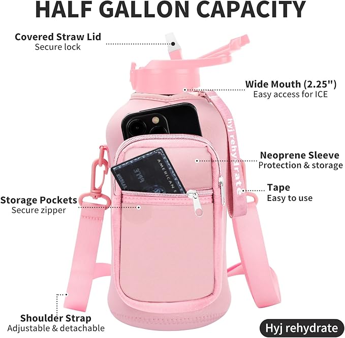 2.2L Half Gallon Water Bottle with Storage Sleeve and Covered Straw Lid -BPA Free Reusable Large Water Jug with Handle-Big Sports Water Bottle 2.2 Liter (74 Ounce),pink