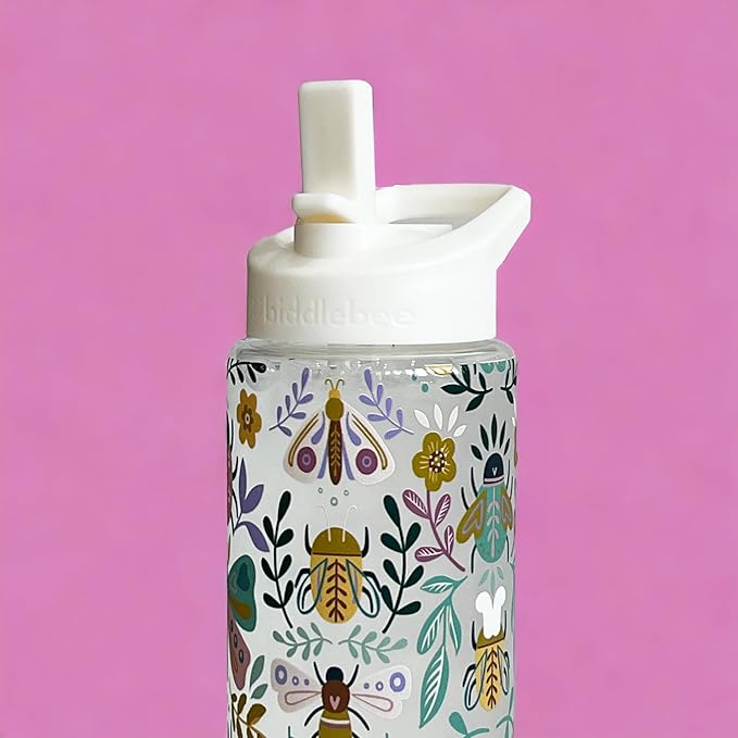 Biddlebee 32oz. Hydration Tracker Water Bottles with Times To Drink | Big Motivational Water Bottle with Time Marker, Straw Lid, & Measurements | BPA-Free (Garden Insects)