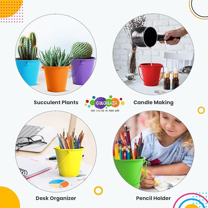 Small Metal Buckets with Handle 6 Pcs – Galvanized Bucket Leak Proof & Rust Resistant 20 fl oz- Best for Party Décor, Kids & Crafts, Pencill Holder Classrooms (Multi, Small 4.3" Top)