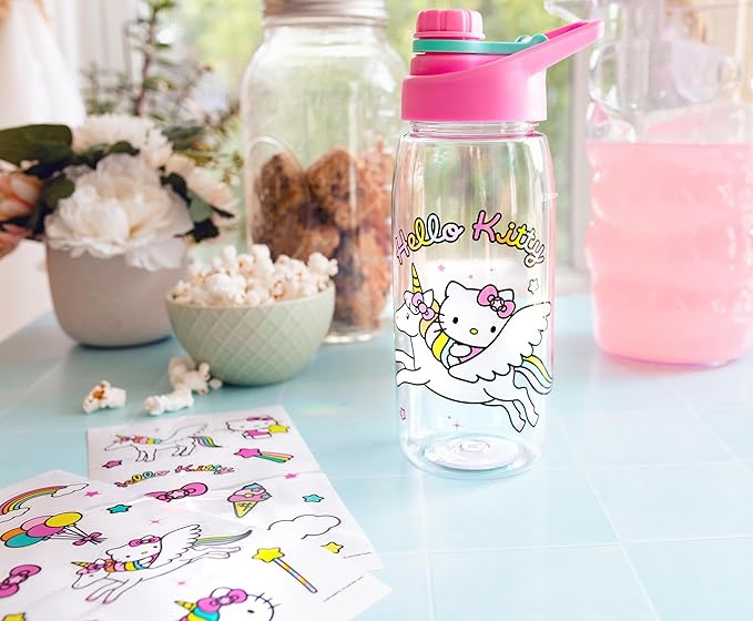 Sanrio Hello Kitty Unicorn Twist Spout Plastic Water Bottle Jug and Sticker Set For Personalizing | Holds 20 Ounces