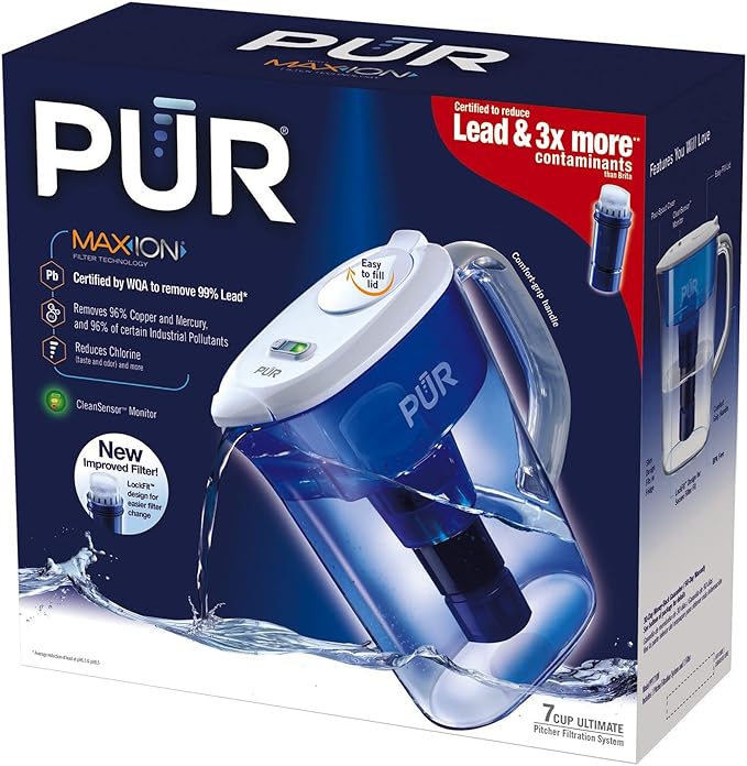 PUR Ultimate Filtration Water Filter Pitcher, 7 Cup, Clear/Blue
