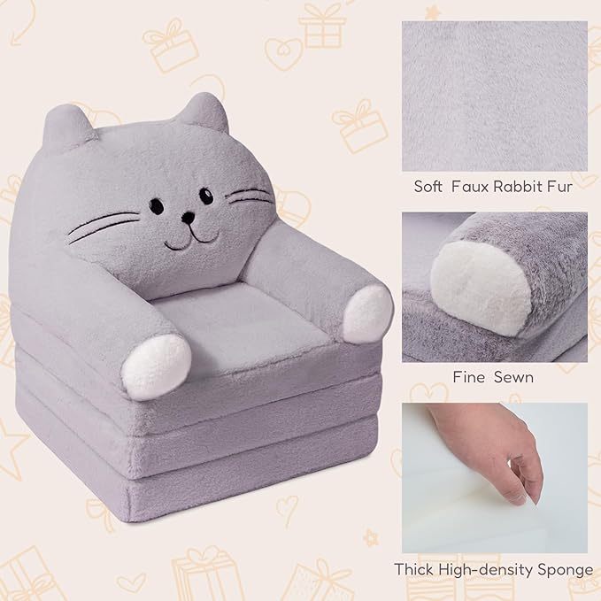 Kids Sofa Chair for Toddler, 2-in-1 Folding Soft Baby Couch with Removable Cover, Comfy Plush Children's Recliner, Convertible Floor Sofa Bed to Lounger for Girls Boys Age 1-3,Cat Grey