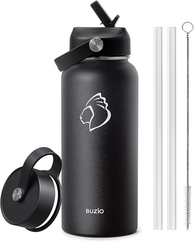 BUZIO Stainless Steel Water Bottle (Cold for 48 Hrs, Hot for 24 Hrs), 32 oz Vacuum Insulated Water Bottle with Straw Lid and Flex Cap (Double Wall, Wide Mouth, BPA Free, Leak Proof), Black