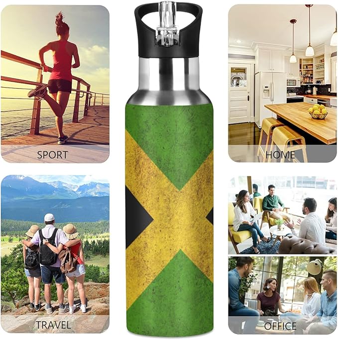 Jamaica Flag Jamaican Sports Water Bottle, Double Wall Vacuum Insulated Stainless Steel Water Bottle with Straw Keeps Hot and Cold, Bike Running Sports Travel Gym 20oz, one size