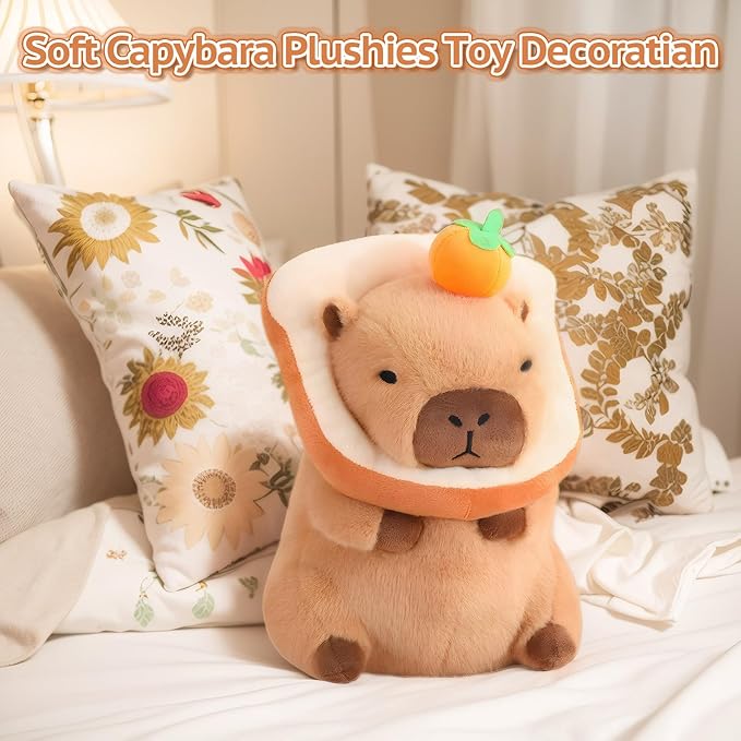 Cute Capybara Plush Pillow with Bread Kawaii Soft Orange Capybara Stuffed Aniamls Capybara Plush Toys Hugging Gifts Kids Girls Boys 12 inch