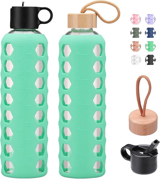 MUKOKO Glass Water Bottles, 32oz Glass Tumbler, Drinking Bottles with 2 Lids-Handle Flip Straw Lid&Bamboo Lid, Motivational Water Bottle with Time Marker and Silicone Sleeve, Leakproof-1 Pack-Green