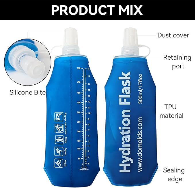 Premium Collapsible Water Bottle-250ml (8.8oz), Portable Soft Flask Water Bottle for Hydration Pack/Running Vest- Folding Water Bottle for Running, Hiking, Cycling (Blue 250ml)
