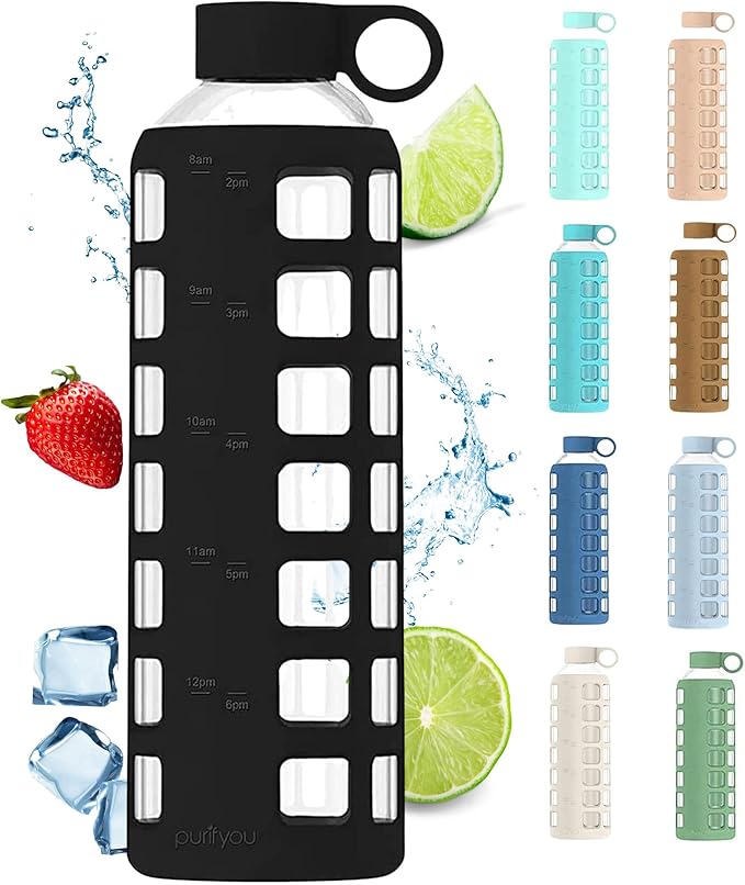 purifyou 40/32 / 22/12 oz Glass Water Bottles with Volume & Times to Drink, Extra Thick Silicone Sleeve, Reusable Bottle for Fridge Water, Milk, Juice (32oz Jet Black)