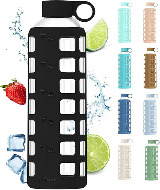 purifyou 40/32 / 22/12 oz Glass Water Bottles with Volume & Times to Drink, Extra Thick Silicone Sleeve, Reusable Bottle for Fridge Water, Milk, Juice (32oz Jet Black)