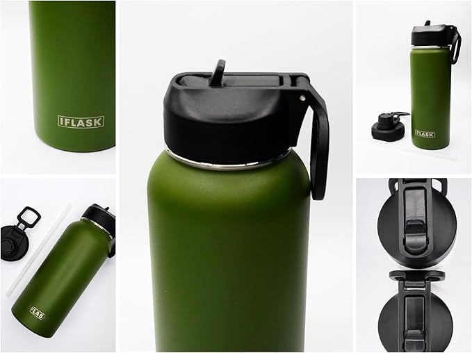 Sport Travel Outdoor Water Bottle with Spout and Straw Lids | Leak Proof | Insulated Stainless Steel Double Walled | BPA and Sweat free | Hot & Cold | For Kids Men & Women (Green, 22 oz)