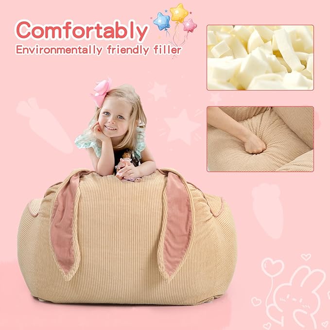 Rabbit Toddler Sofa, Toddler Bean Bag Chair with Carrot Pillow, Corduroy Kids Armchair, Comfortable Toddler Chair for Boys and Girls
