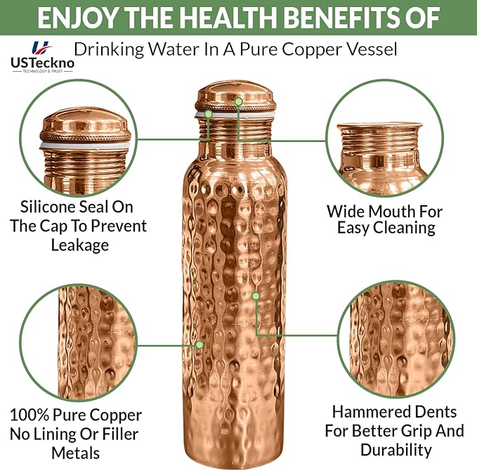 Copper Water Bottle - 34 Oz Extra Large Hammered Ayurvedic Copper Bottle for Travel,Yoga,Gym Lower Your Sugar Intake And Enjoy Health Benefits Immediately. Lab Tested (Hammered Finish)
