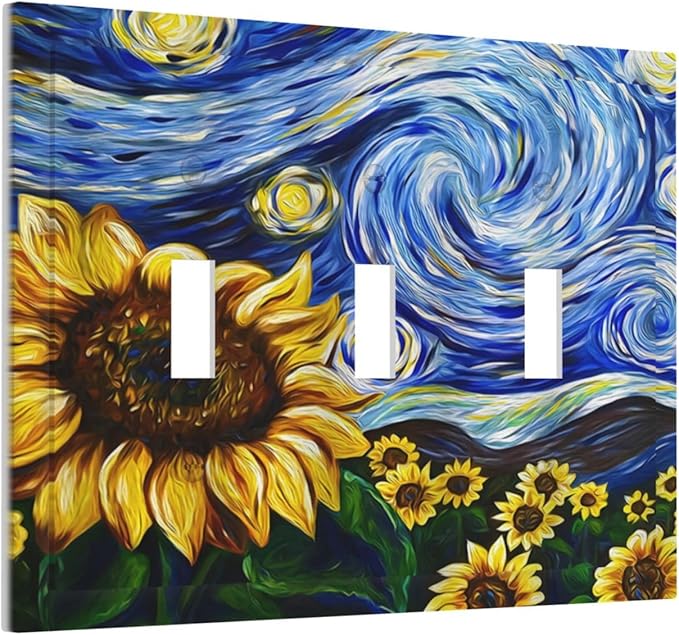 Vintage Abstract Blue Starry Sunflower 3 Gang Light Switch Covers Triple Toggle Wall Plate Decorative Switchplate Electrical Faceplate for Farmhouse Country Bedroom Decor