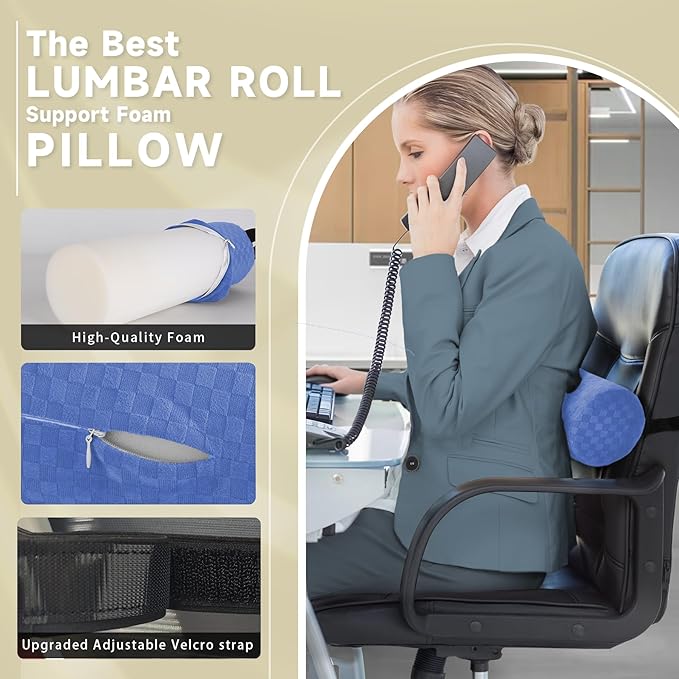 Lumbar Roll Pillow for Lower Back, Lumbar Support Foam Roll Cushion with Pillowcase and Upgraded Strap for Office, Chair, Car, Seat Pain Relief & Improving Posture (Light Blue, Short-11*4.3'')