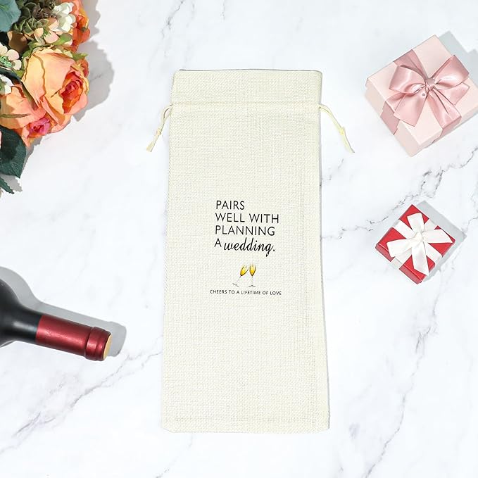 Styquenzer Engagement Gifts for Couples Wedding Wine Bag Newly Engaged Gifts for Newly Engaged Couples Cotton Linen Wine Gift Bag With Drawstring Pairs Well with Wedding Planning