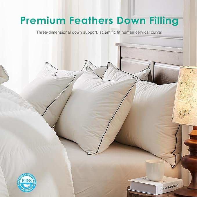 APSMILE Deep Sleep King Size Pillows Set of 2, Hotel Collection AirF™ Goose Feather Down Pillow Inserts with Organic Cotton Cover, Medium Bed Pillows for Sleeping (White, 20"x36")