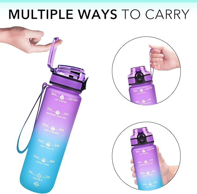GOSWAG 32oz Motivational Water Bottles with Time Marker and Fruit Strainer, Sports Water Bottle with Times to Drink, Leakproof, Reusable Plastic Bottle with Strap no Straw for Gym, School