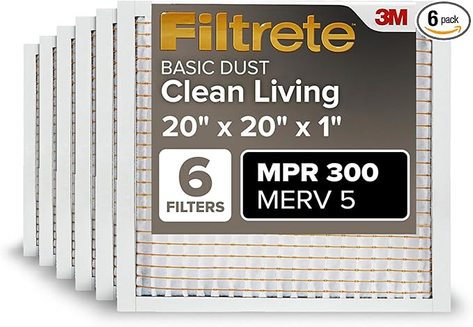 Filtrete 20x20x1 AC Furnace Air Filter, MERV 5, MPR 300, Capture Unwanted Particles, 3-Month Pleated 1-Inch Electrostatic Air Cleaning Filter, 6-Pack (Actual Size 19.69x19.69x0.81 in)