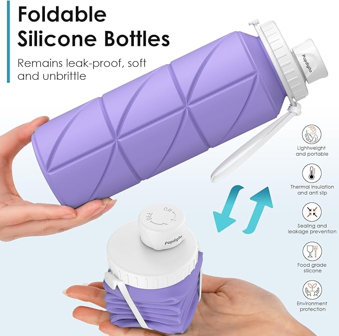 Collapsible Water Bottle Foldable Silicone Travel Water Bottle Leakproof Flexible BPA Free Portable,Folding Water Bottle Lightweight for Camping, Hiking,Sports Water Bottles Travel 23oz
