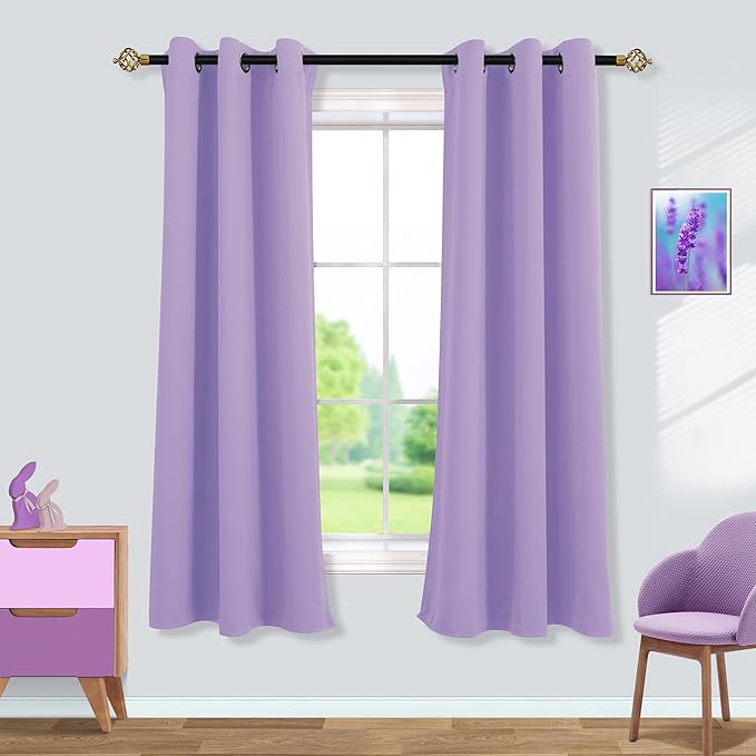 Mrs.Naturall Lavender Curtains for Bedroom Girls,Blackout Room Darkening Lilac Curtains for Kids Room Decor Nursery,2 Panels Set,63 Inch Length,Light Purple