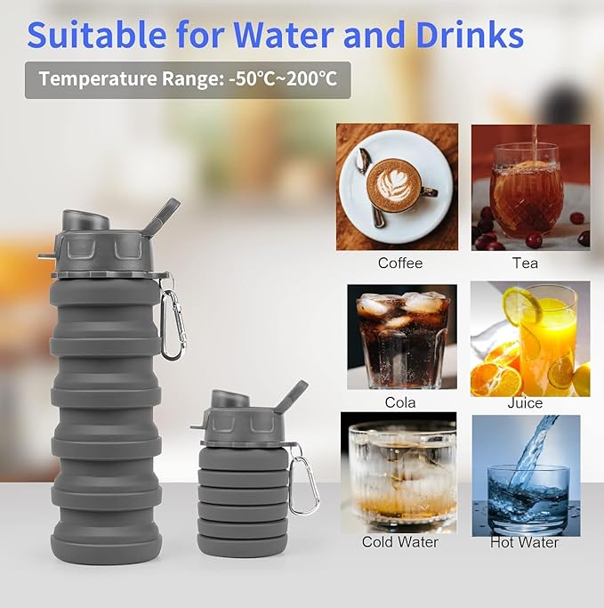 Collapsible Water Bottle, Foldable Cup,500Ml Collapsible Sport Water Bottle Bpa Reusable Travel Water Bottles For Hiking Biking Running Outdoor Gym (Gray(B)+Purple(B))