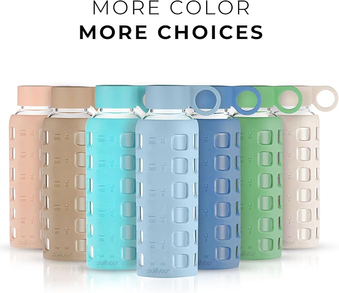 purifyou Premium 40/32 / 22/12 oz Glass Water Bottles with Volume & Times to Drink, Silicone Sleeve & Stainless Steel Lid Insert, Reusable Bottle for Fridge Water, Milk, Juice (12oz Ice Blue)