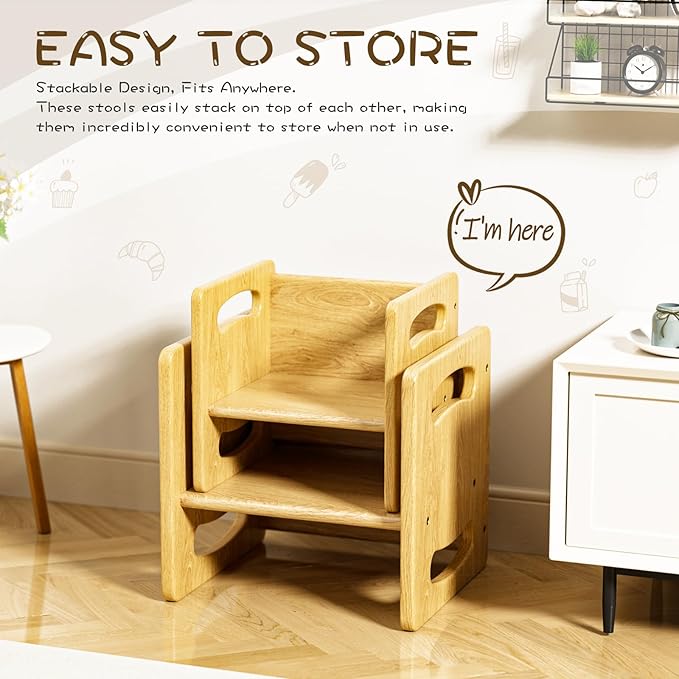 Montessori Weaning Table and Chair Set, Real Hardwood Toddler Table and Chairs Set, for Toddler Reading, Activity, Playing, Snack Time, Step Stool, 1-3 Year Old Kids Montessori Furniture