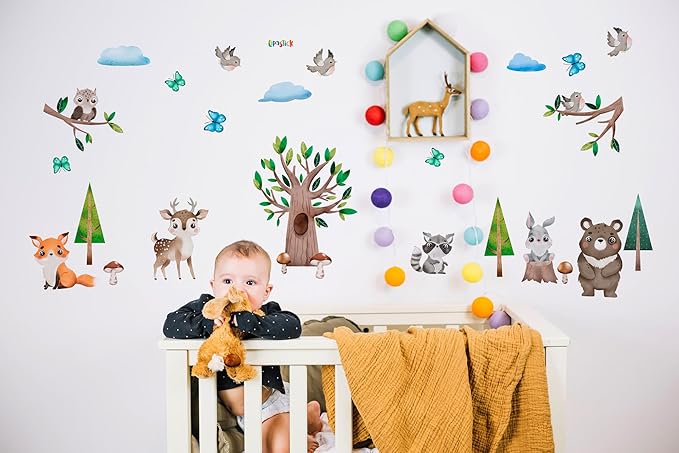 Large Animals Wall Decals for Kids by Lipastick – 133 pcs Woodland Animal Wall Stickers – Forest Animal Wall Decals for Kids Boys Baby Girls – Kids Wall Decals Bear Fox Deer Hare Raccoon Owl M Size