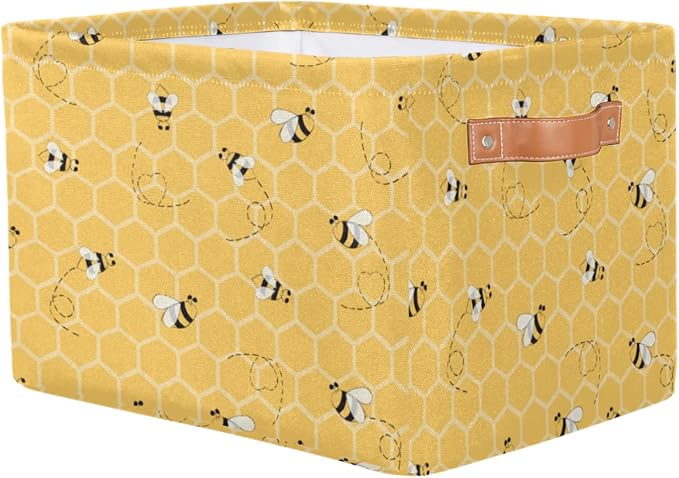 Honeycomb Bee Storage Basket Collapsible Storage Bin Large Fabric Storage Boxes Organizer with Leather Handles for Clothes Toys Books Kitchen Laundry 1Pc