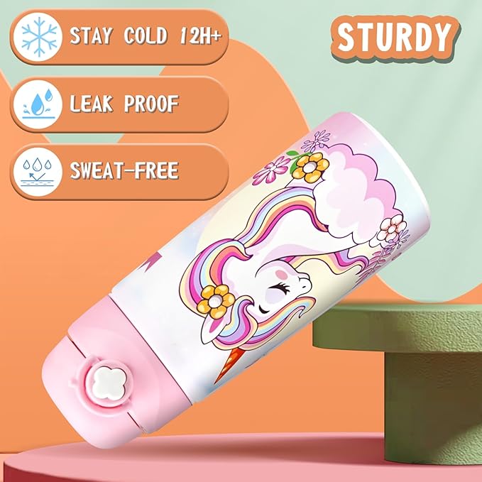 Kids Insulated Water Bottle with Covered Pop-Up Straw,16oz Kids Cups with Stainless Steel Leak Proof for School Boys Girls（5-Princess）