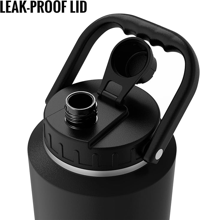 SkyWell 1 Gallon Insulated Water Bottle with Handle and Wide Mouth Water Flask Sweat-Proof and Leak-Proof 128 Oz Stainless Steel Water Jug for Outdoors, Black