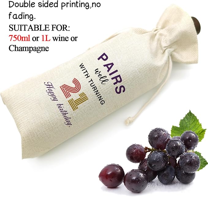21th Birthday Wine Bag, Presents for 21st Birthday, 21 Years Old Gift Idea Wine Bag for Her Girl Friend, Sister, Birthday Party Decorations - Cotton linen drawstring wine bags (21 BIRTHDAY)