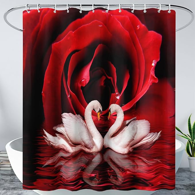 AILONEN 3D Printed Rose Shower Curtain,Red Rose Bath Curtain, White Swan Shower Curtain for Bathroom Decor,48" W*72" H Polyester Waterproof Bath Curtain with 12 Hooks