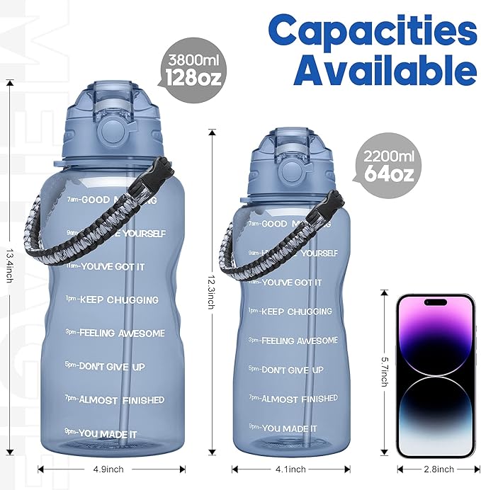 Water Bottles 1 / Half Gallon with Time Marker and Straw, Large Fitness Sports Motivational Bottle, Wide Mouth Leakproof and BPA Free for Travel, Gym,office,school
