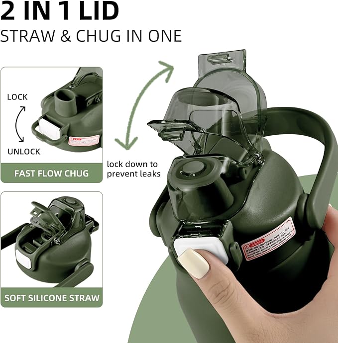 ColorSub 50oz Insulated Water Bottle With 2-in-1 Straw and Chug Leakproof Lid, BPA Free Stainless Steel Wide Mouth Sports Water Cup Flask Army green