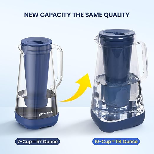 GLACIER FRESH Glass Water Pitcher for Tap and Drinking Water with Membrane and Activated Filter, Reduces Chlorine and Lead Taste, Food Grade and BPA Free Materials, 10-Cup, Blue