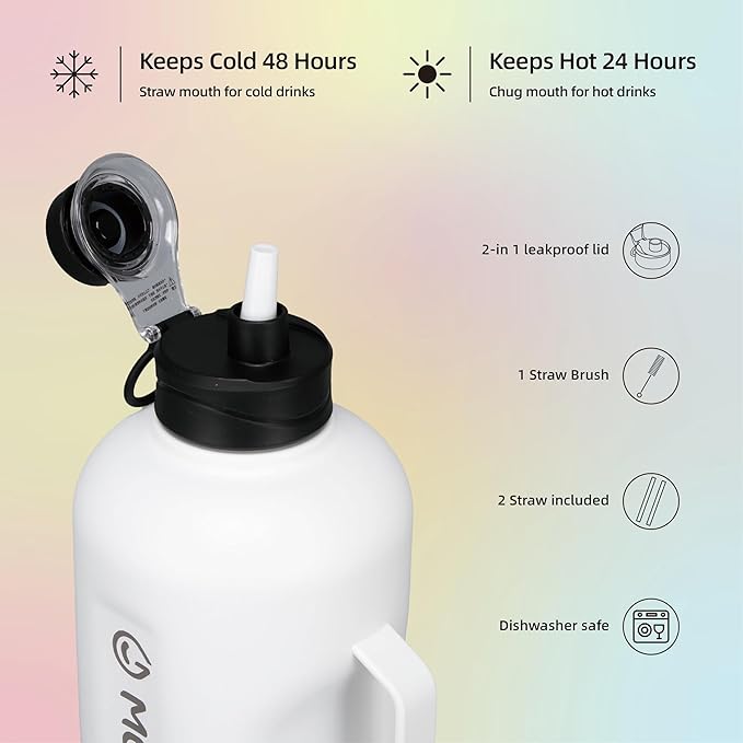 64oz Insulated Water Bottle With Handle, Stainless Steel Thermos With Straw, Water Bottle Holder With Strap, Half Gallon Water Jug, For Water, Iced Tea Or Coffee, On Gym (White)