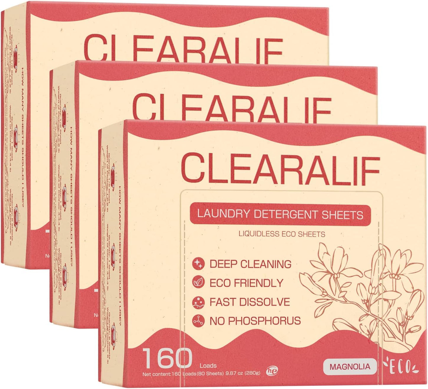 CLEARALIF Laundry Detergent Sheets Up to 160 Loads, Magnolia - Great For Travel,Apartments, Dorms,Laundry Detergent Strips Eco Friendly & Hypoallergenic - 3 PACK