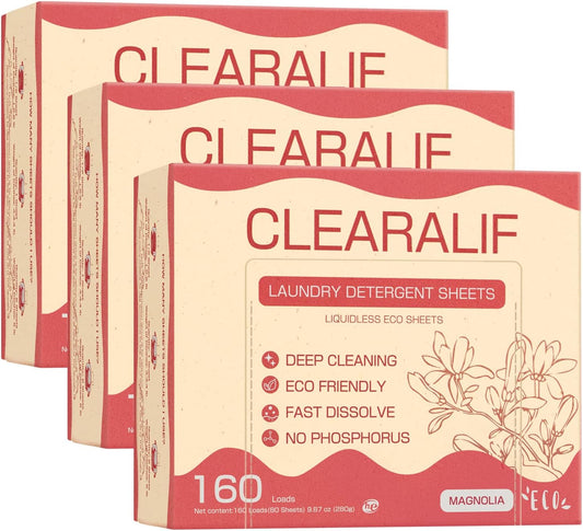 CLEARALIF Laundry Detergent Sheets Up to 160 Loads, Magnolia - Great For Travel,Apartments, Dorms,Laundry Detergent Strips Eco Friendly & Hypoallergenic - 3 PACK