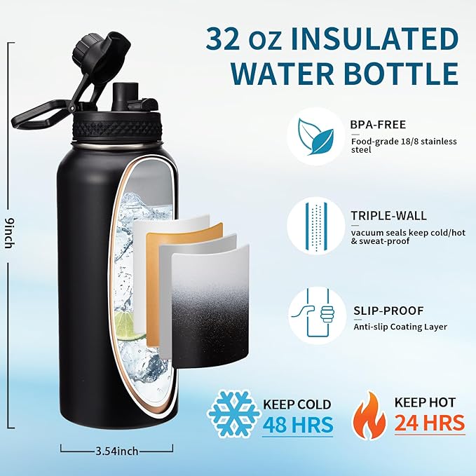 32oz Insulated Water Bottles - with Straw Spout Lid, Bottle Holder Strap Sleeve, Survival Paracord Handle, Protective Cup Mat, Sweat-Proof Water Bottle, Metal Thermo Flask for Sports Workout