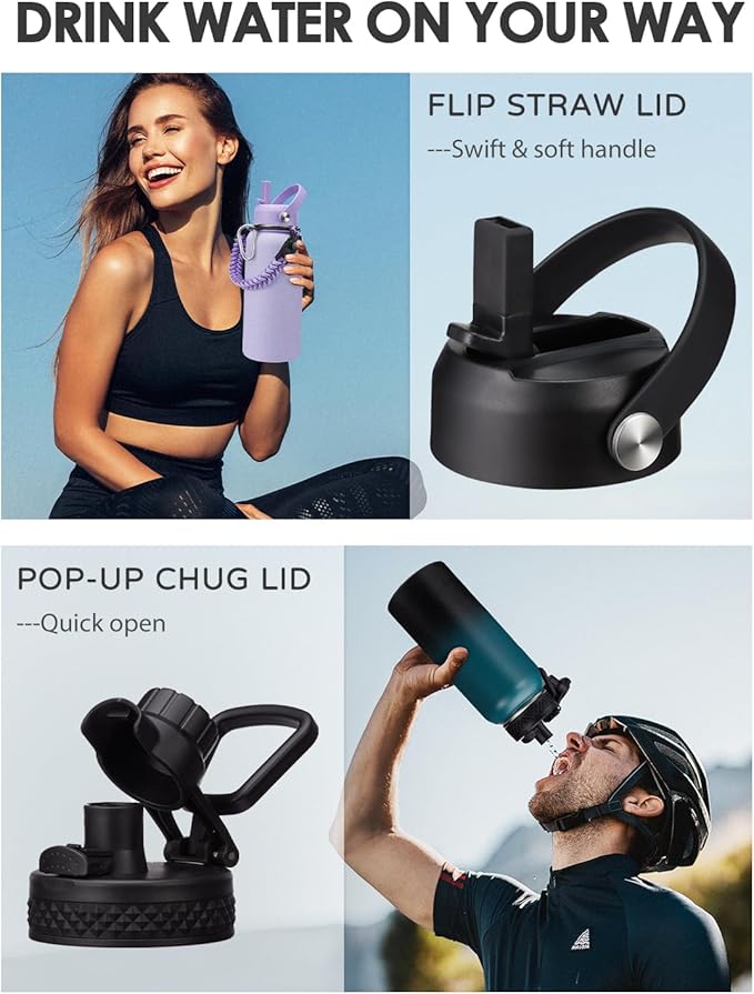 Insulated Water Bottle 32 oz - with Straw & Auto Spout Lid, Bottle Sleeve with Strap, Paracord Handle, 32oz Flask Purple Metal Water Canteen, Stainless Steel Water Jug for Sports Gym Woman Girls