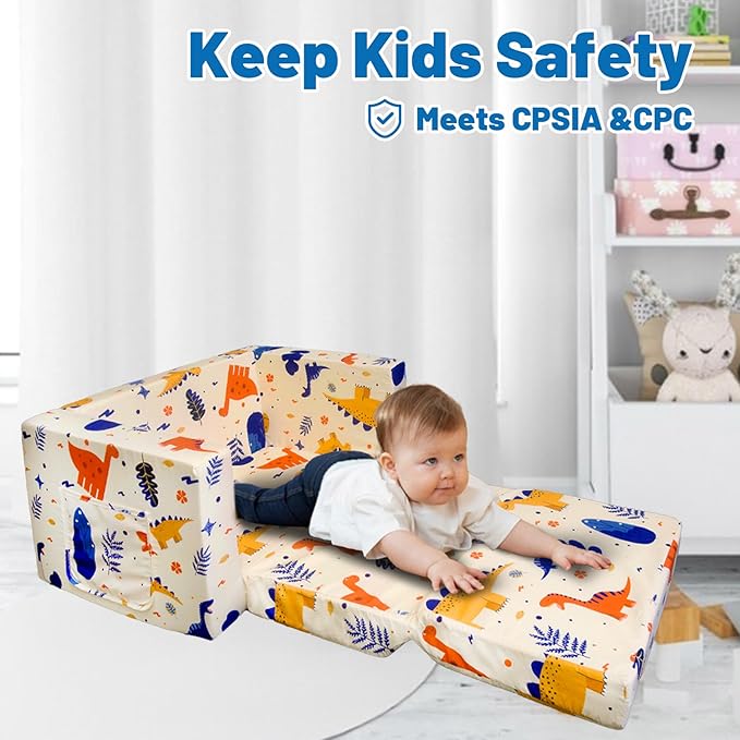 Kid Couch, Children's 2 in 1 Convertible Sofa to Lounger, Extra Soft Flip Open Chair Sofa Bed, Cute Star/Dinosaur Print Toddler Chair for Kids Girls Boys (Grass Dinosaur, Medium)