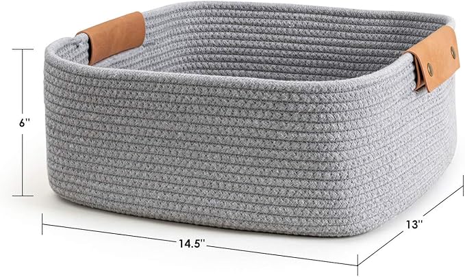 CHICVITA Rectangle Cotton Rope Woven Basket with Handles for Books, Magazines, Toys - Decorative Rectangle Basket for Baby Nursery, Living Room, Bathroom, Grey