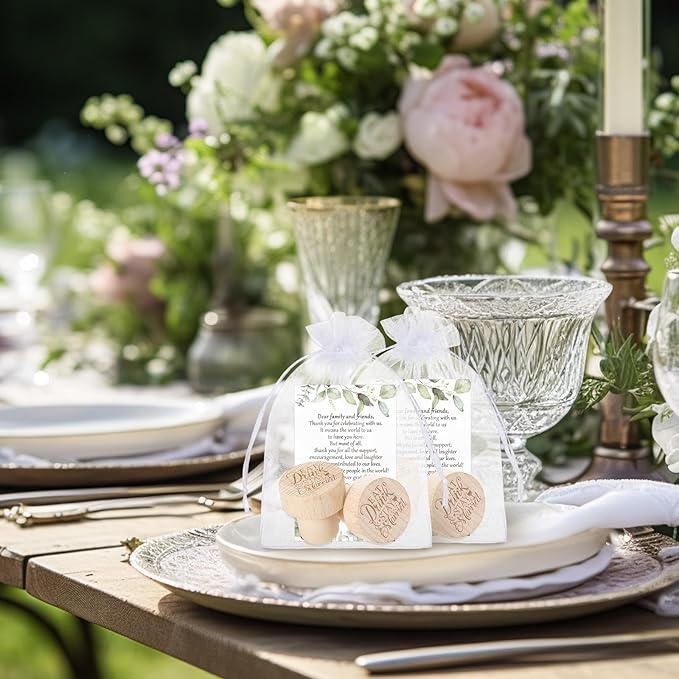 Barydat 50 Sets Wedding Favors for Guests Bulk Engraved Wood Wine Bottle Corks Wine Stopper with Wedding Thank You Cards and Organza Bags Wedding Appreciation Gifts for Guest Thank You Gifts (Bright)