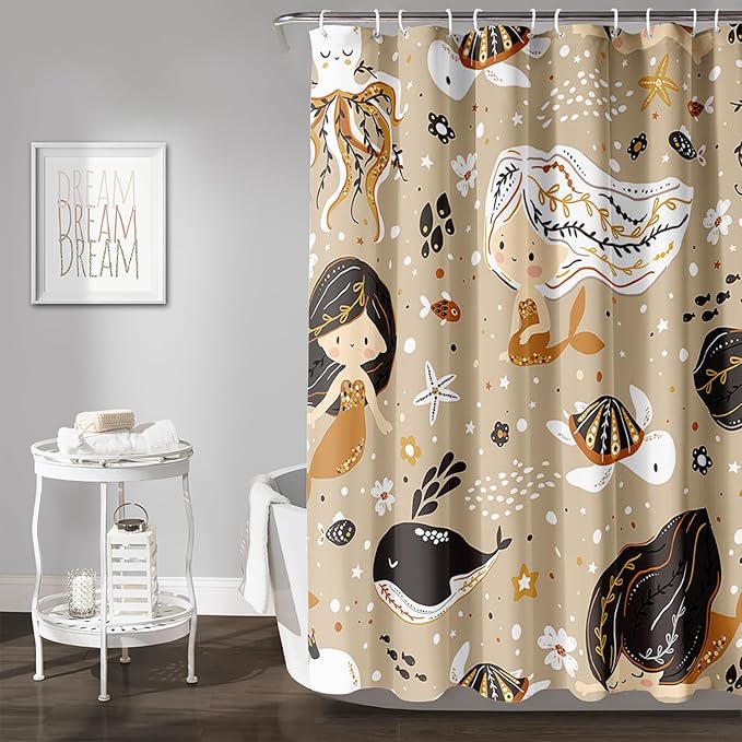 AILONEN Mermaid Shower Curtain,Octopus Whale Retro Mermaid Bath Curtain,Ocean Beach Polyester Waterproof for Bathroom,36" W*72" H with Plastic Hooks